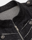 stand collar denim jacket zipper and button detail close-up