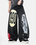model wearing black 1990 graphic barrel jeans close-up