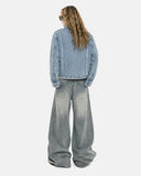 model wearing light blue cropped denim jacket back view