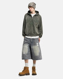 full body outfit with olive boxy zip hoodie and shorts
