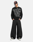 full body outfit with black script graphic waffle t shirt