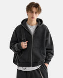 model front view wearing black washed full zip boxy hoodie