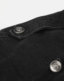 shoulder epaulet detail on black stand collar denim jacket