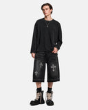 full body outfit with black waffle long sleeve tee and wide shorts