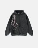 Washed Script Graphic Zip Up Hoodie | Inflation Streetwear