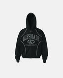 front product view of black puff print boxy zip hoodie