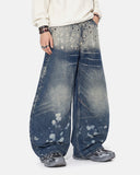 model wearing eyelet barrel jeans front view