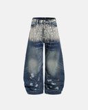 metal eyelet washed barrel jeans front view