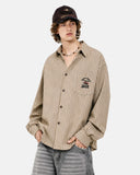 relaxed fit khaki striped button up shirt on model
