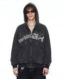 model front view wearing black hoodie with hood up