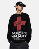 model upper body wearing black boxy graphic long sleeve tee