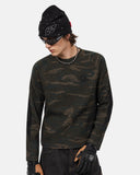 model wearing camo waffle knit long sleeve t-shirt front view