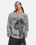 model wearing gray graphic henley long sleeve t shirt