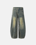 acid washed curved seam barrel jeans front view