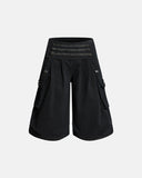 black metal button longline cargo shorts front view