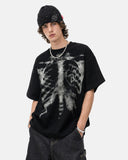 model wearing black skeleton x-ray mesh t-shirt front view