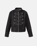 black napoleon-inspired cropped denim jacket front view