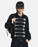 model front view wearing faded black boxy polo shirt