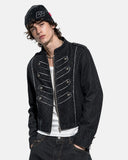 model wearing black cropped denim jacket with buttons details