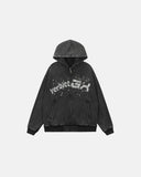 front product view of washed rhinestone graphic boxy zip up hoodie