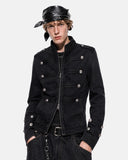 model wearing black stand collar denim jacket front view