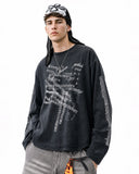 model front view wearing oversized sheet music graphic t shirt