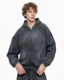 model wearing charcoal acid washed zip hoodie