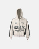 front product view of cream faux suede colorblock zip hoodie