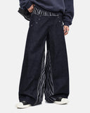 model wearing zebra pattern baggy jeans front view