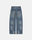 cinch back denim jeans rear view