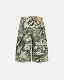 Mixed leopard and camouflage shorts with side cargo pockets