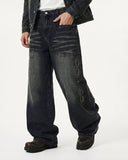 Whiskered Rhinestone Baggy Denim Jeans | Inflation Streetwear INFLATION