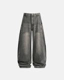 grey whisker wash barrel jeans front view