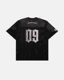 black mesh jersey with satin patchwork panels