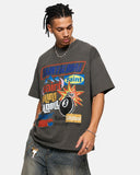 model front view wearing dark grey foversized graphic t shirt