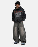 full-body styling with gothic graphic barrel jeans