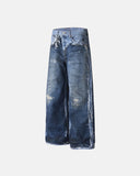 distressed raw edge printing denim jeans