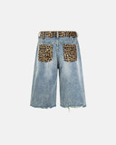light wash denim jorts with leopard waistband