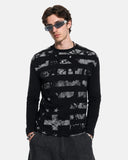 model front view wearing black graphic long sleeve t shirt