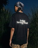 Distressed washed black T-shirt with reflective "No Run No Good Mood" back print glowing.