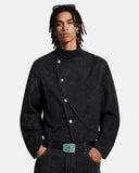 model wearing washed black denim jacket with stand collar