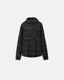 front product view of black camo waffle hoodie