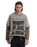 Front view of camo sleeve layered graphic T-shirt with vintage print