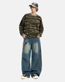 full-body styling with blue washed baggy jeans