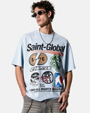 model front view wearing light blue oversized graphic t shirt