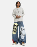 blue 1990 graphic barrel jeans full-body styling