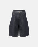 Front view of deconstructed scimitar denim long jorts