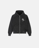 front product view of studded star graphic boxy zip hoodie