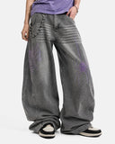 model wearing rhinestone barrel jeans