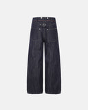 Raw denim wide straight leg jeans front view flat lay